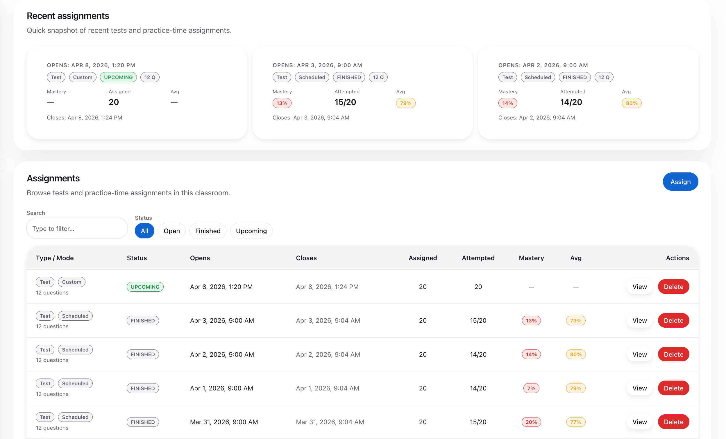 Assignments screen in LearnMetrics