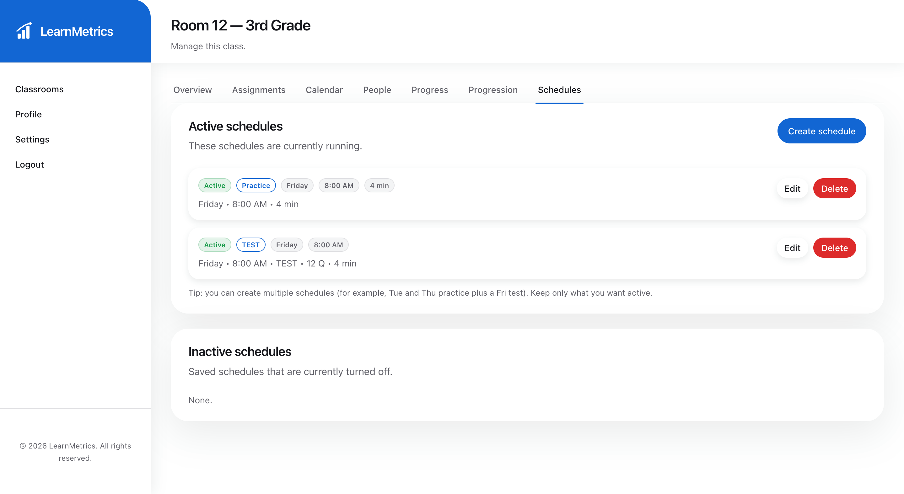 Schedules screen in LearnMetrics